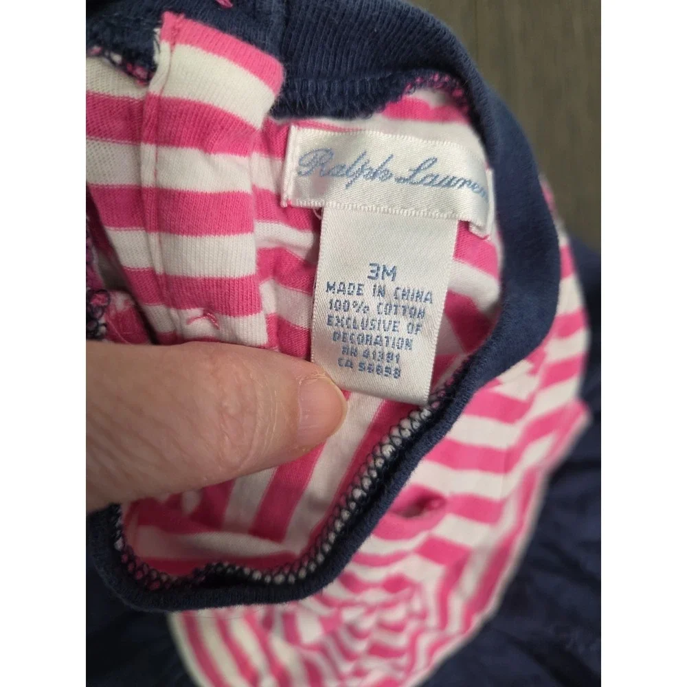 Ralph Lauren Baby Girl 3 months Pink Striped Dress Blue Eyelet‎ Peplum Hem Logo